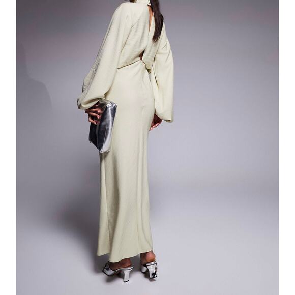 NWOT Asos Designs Size 12 High Neck Plunge Maxi Dress Blouson Sleeves Soft Green - Picture 4 of 13